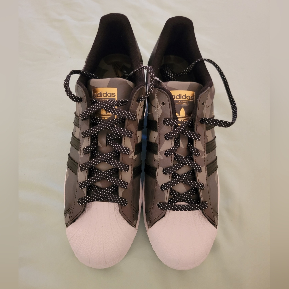 Adidas Superstar Sneakers Size 13 Grey/Black/White Camo pattern.